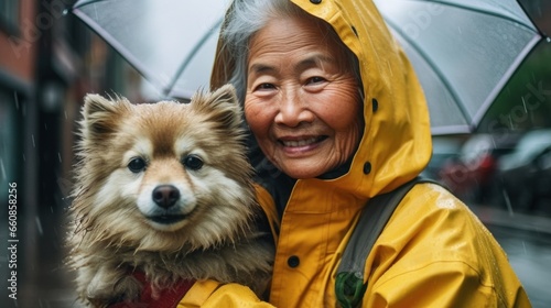 Asian a senior woman and her dog find happiness in their walking together.