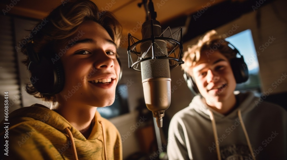Teens record a podcast with dedication.