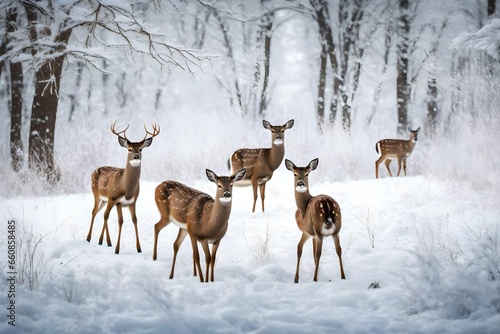 A family of deer cautiously crossing a snowy clearing in a winter wonderland.