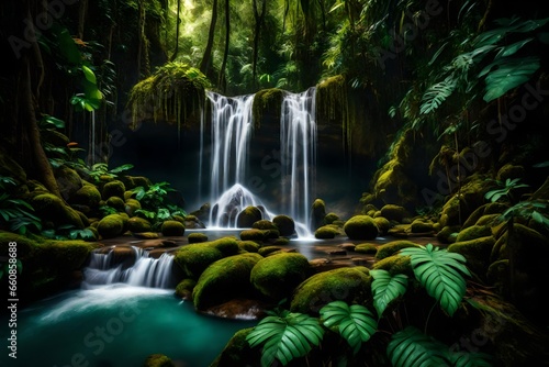 A hidden waterfall deep within a lush rainforest, surrounded by vibrant foliage.