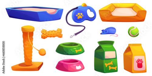 Pet shop equipment and accessories - toilet and soft bed, bags of food and bowls for feeding dogs and cats, cat scratcher and toys. Cartoon vector set of domestic animals care supplies and stuff.