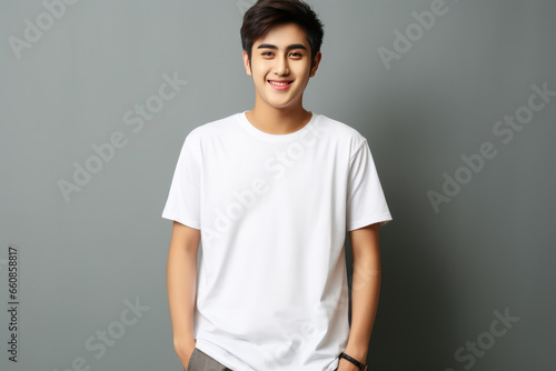 Smiling young Asian man in a white T-shirt, mock-up. Empty white T-shirt for advertising in a studio