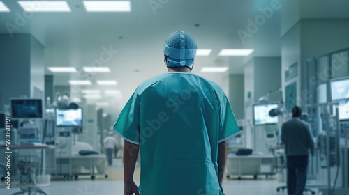 a doctor is working in a hospital room view from behind