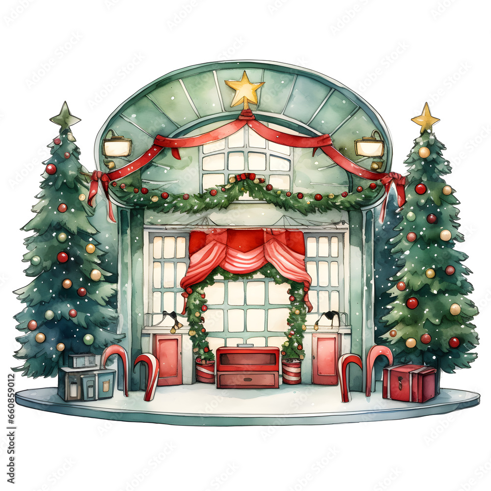 Auditorium decorate for christmas season with red and green color, christmas watercolors, watercolor illustration