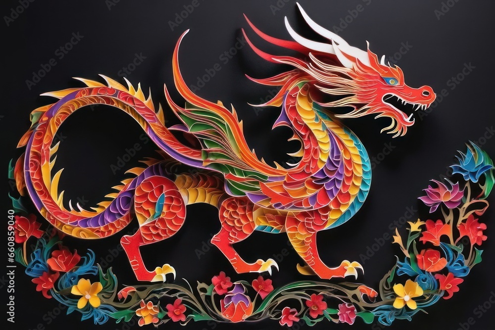 Traditional Chinese dragon paper cut on black background. Symbol of the year 2024 digital art. Generative AI Traditional Chinese dragon paper cut on black background. Symbol of the year 2024 digital art. Generative AI