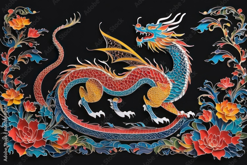 Fototapeta premium Traditional Chinese dragon paper cut on black background. Symbol of the year 2024 digital art. Generative AI