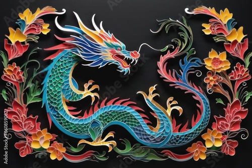 Traditional Chinese dragon paper cut on black background. Symbol of the year 2024 digital art. Generative AI © Vitaliy