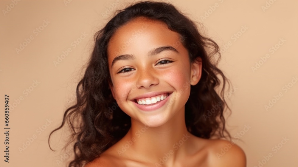 This vibrant portrait captures the joyous expression of a young teen girl in a studio setting. This vibrant portrait captures the joyous expression of a young teen girl in a studio setting.