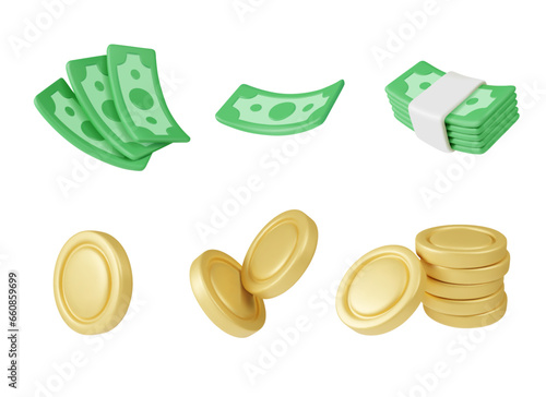 3D money icons in cartoon style. Set of vector color illustrations of bills and coins