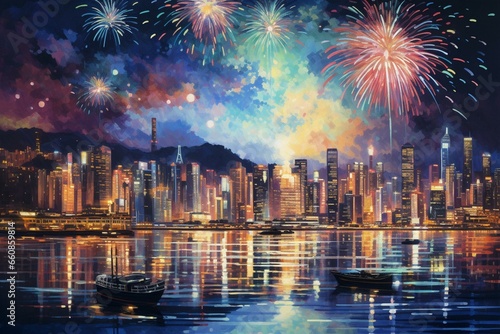 An artwork depicting a city skyline with nighttime fireworks and water reflecting off the water. Generative AI