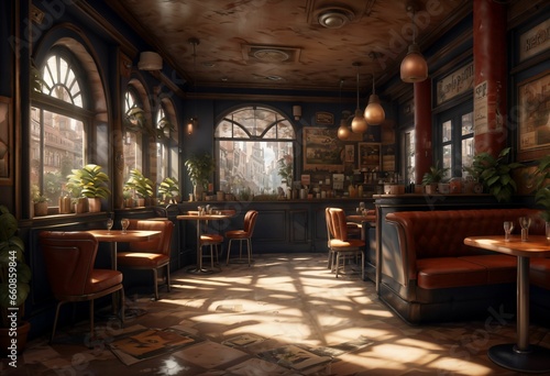 interior classic restaurant. retro architecture loft art. Ai generate illustration. low moody daylight. sofa furniture luxury. old home design. wood stylish wooden. vintage house antique traditional.