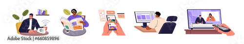 Breaking news, newsletter set. People reading newspaper, content in internet, web in smartphone, computer. Persons watching tv, listening broadcast, radio. Flat isolated vector illustration on white