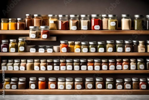 A well-organized spice rack with neatly labeled jars of various herbs and spices.