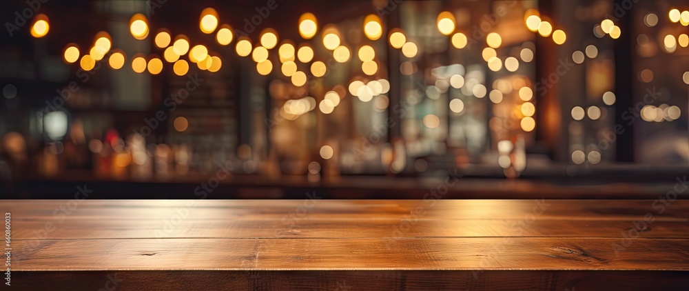 Empty wooden table. Cozy corner. Background bokeh in vintage cafe. Blurred ambiance. Coffee shop dreams. Infused interior