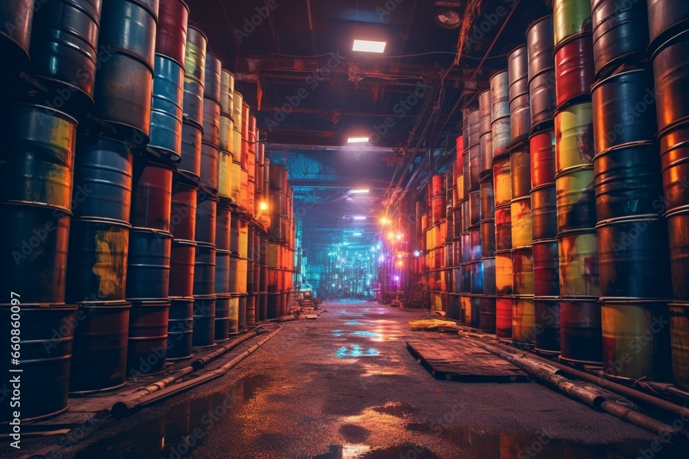 Colorful steel barrels in dark warehouse at night. Generative AI