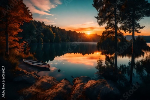 A serene lakeside landscape with a vibrant sunset reflecting on the water.