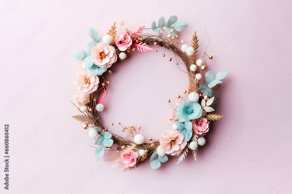 Flower Christmas wreath on pastel background. Floral trendy minimalistic wreath. Design for winter festive Christmas New Year banner, card with copy space