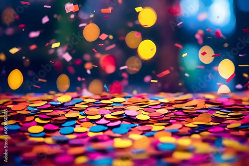 Colorful confetti in front of colorful background with bokeh for carnival, bokeh background