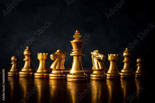 Business strategy brainstorming chess board game with black background, free copy space for your text.
