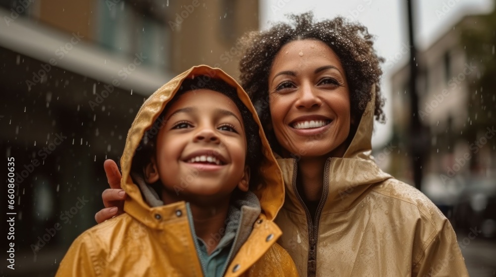 A happy mother and child, both in colorful raincoats, enjoy the rain together, sharing smiles. A happy mother and child, both in colorful raincoats, enjoy the rain together, sharing smiles.