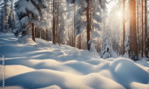 Sunny winter forest with fir trees