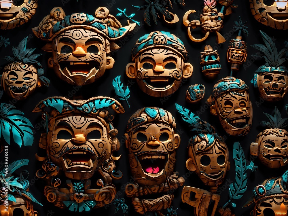 Ancient wooden 3d emojis with black background 