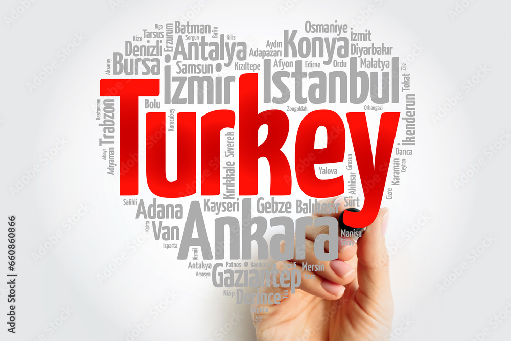 List of cities and towns in Turkey composed in love sign heart shape, word cloud collage, business and travel concept background List of cities and towns in Turkey composed in love sign heart shape, word cloud collage, business and travel concept background