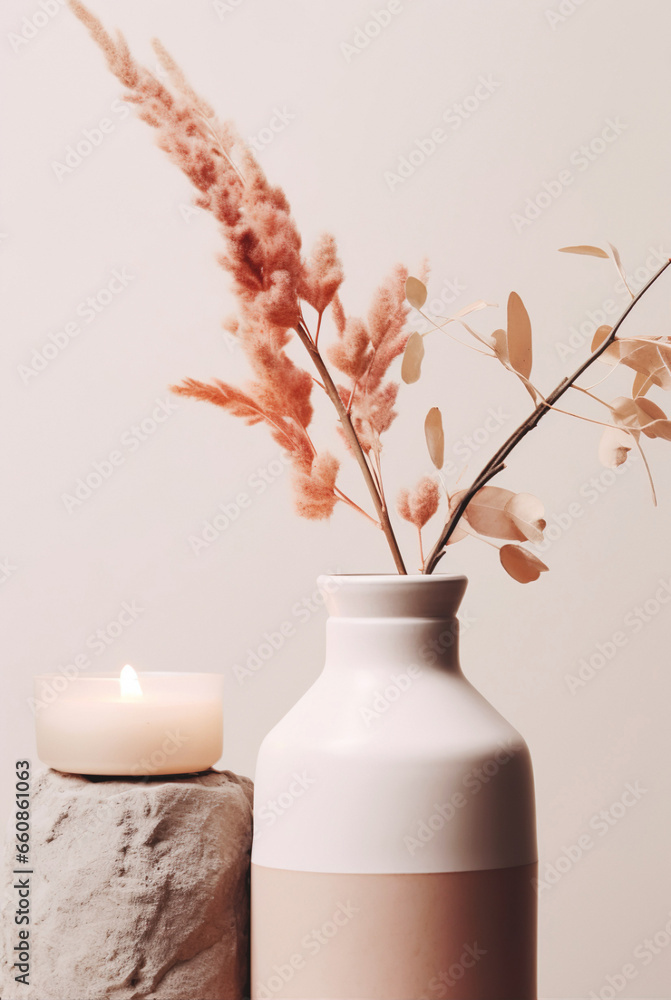 Elegant home decor with a vase and candle, creating a cozy and rustic atmosphere.