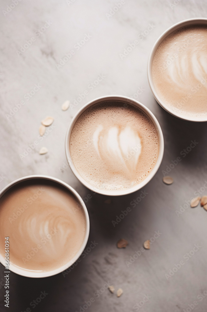 Three cups of cafe latte on a sleek and minimalist grey marble table. Three cups of cafe latte on a sleek and minimalist grey marble table.