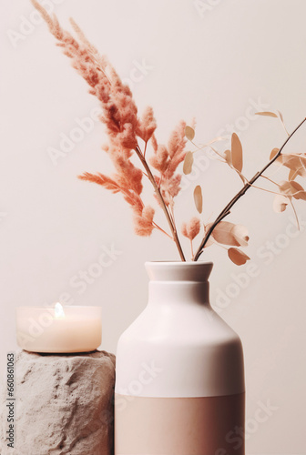 Obraz na płótnie Elegant home decor with a vase and candle, creating a cozy and rustic atmosphere. w salonie
