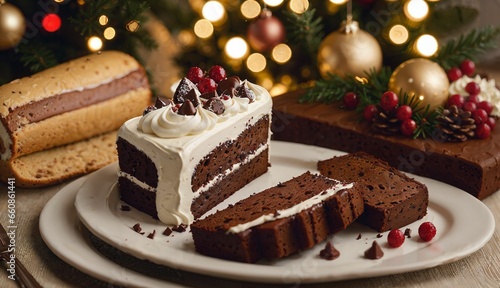Sliced chocolate Cake with Christmas Tree Background