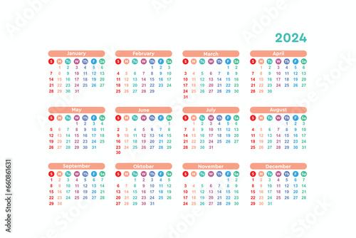 Calendar 2024, week start Sunday corporate design template vector.