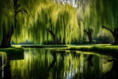 A peaceful pond surrounded by weeping willow trees, their branches gently dipping into the water.
