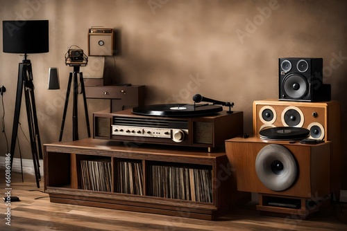 A vintage record player on a retro media console with vinyl records and classic speakers.