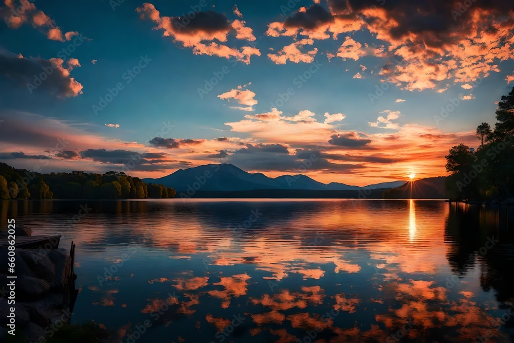 A serene lakeside sunset with vibrant colors reflecting on the water.