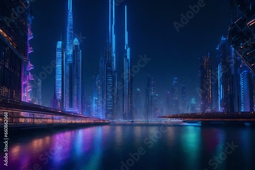 A futuristic cityscape with towering skyscrapers, connected by intricate skybridges. © Tae-Wan