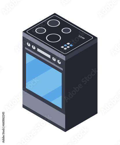 Kitchen electric stove, household appliances, isolated object. Vector isometric illustration