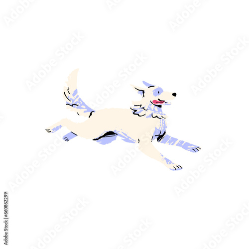Happy dog running. Friendly puppy plays, show tongue. Fluffy pet walking. Funny animal with furry tail training. Cute doggy, pup jogging, move. Flat isolated vector illustration on white background
