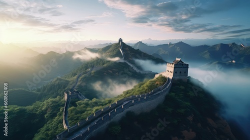 The Great Wall of China at dawn ultra realistic illustration - Generative AI. © Mariia
