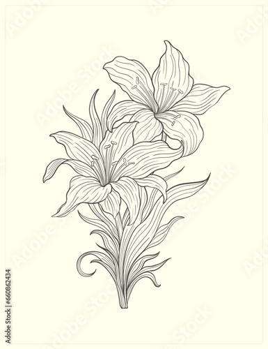 Frame with a lily flower in the style of Art Nouveau. Beautiful lily vintage floral composition 1920-1930 years.