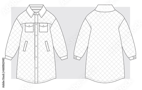 Quilted long coat shirt technical scketch. Vector illustration.