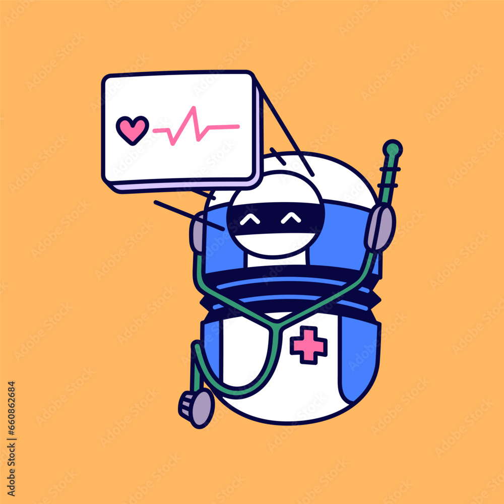 Cute robot medic display cardiogram, ECG. Medical machine care about heart, cardio, health. Healthcare computer, AI program with stethoscope for hospital, clinic. Flat isolated vector illustration