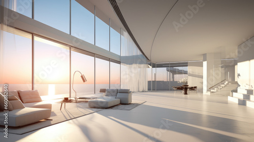 modern living room in a a modern apartment with large windows © Kien