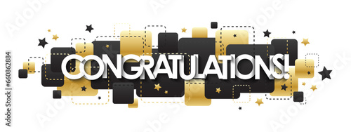 CONGRATULATIONS! typography on black and metallic gold squares with stars on white background 