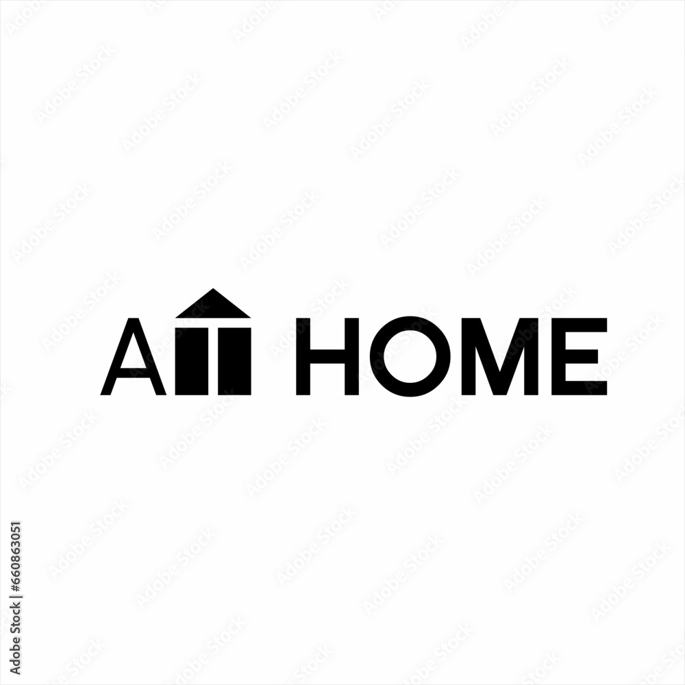 At home word design with illustration of the home symbol on the letter T. At home word design with illustration of the home symbol on the letter T.