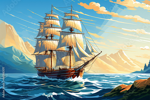 vector illustration of a view of a sailing ship at sea