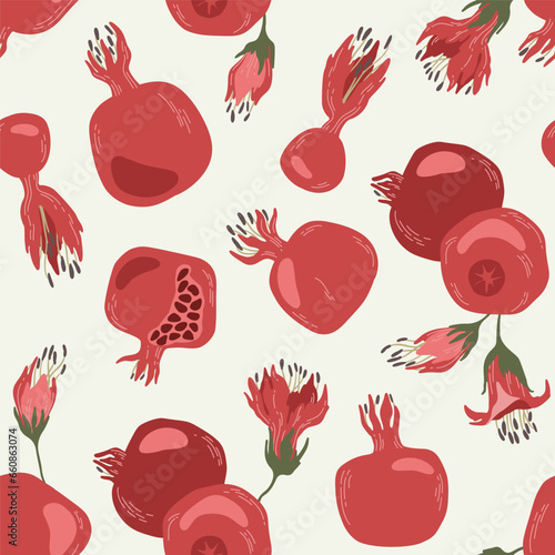 Seamless pattern with garnet, pomegranate, flowers