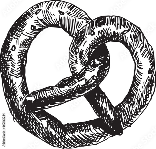 Vector graphic illustration of pretzel . Black and white sketch on a white background. Suitable for logo, bakery design, wrapping paper