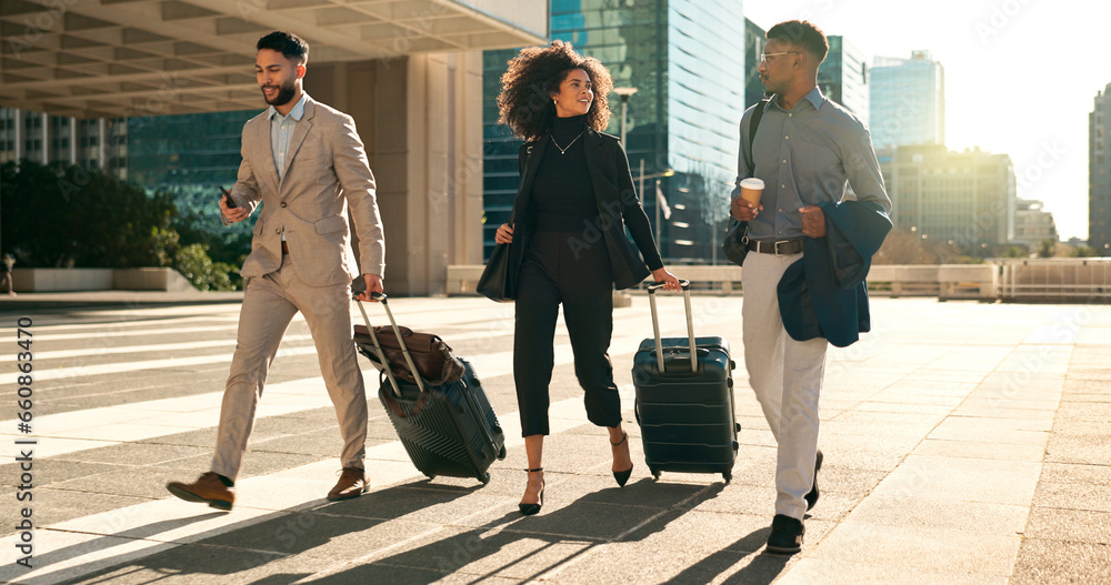 Business people, team walking and travel with suitcase in city for corporate, job opportunity and networking. Professional woman and men talking at outdoor hotel or on the way to airport with luggage - obrazy, fototapety, plakaty 