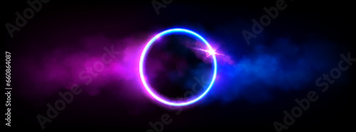 Neon luminous ring frame with cloud or smoke and twinkle. Realistic vector of led light circle with glowing pink and blue fog effect on dark background. Magic or futuristic game portal with haze.